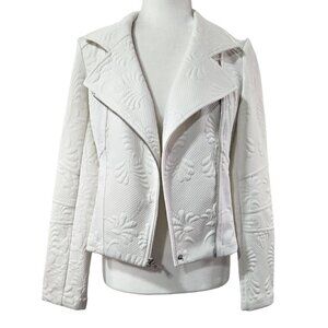 Express Ivory Cream Floral Embossed Moto Zip Cropped Jacket Unique Preppy